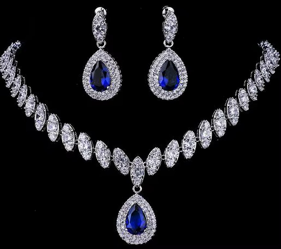 Simulated Bridal Silver Necklace Sets 5 Colors Wedding Jewelry Parure Bijoux Femme Party Gift