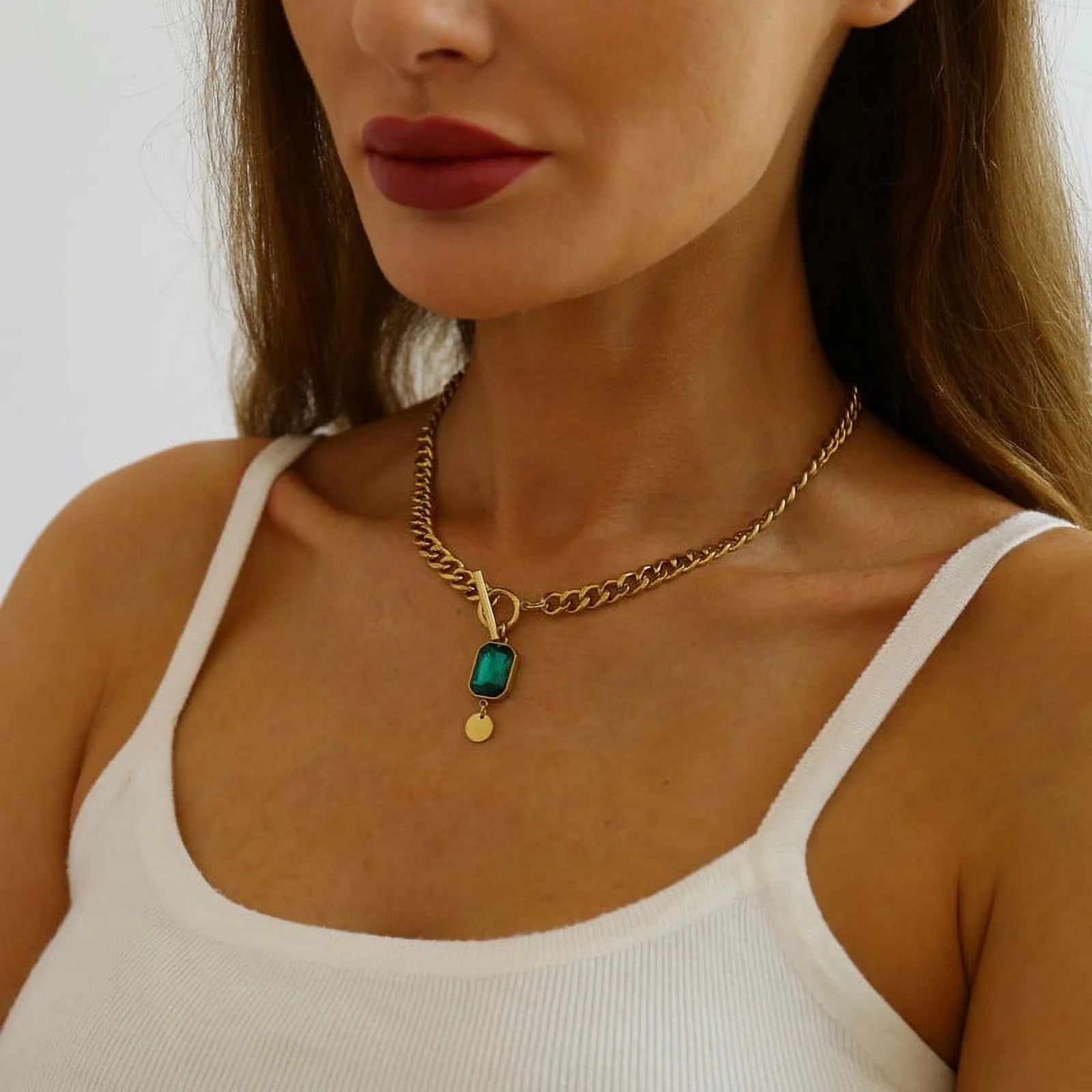 Chunky Toggle Necklace 18K Gold Plated Simple Cuban Chain Link Toggle Clasp Necklaces for Women