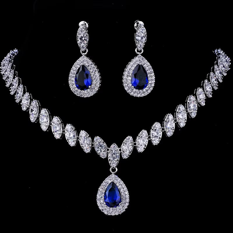 Simulated Bridal Silver Necklace Sets 5 Colors Wedding Jewelry Parure Bijoux Femme Party Gift